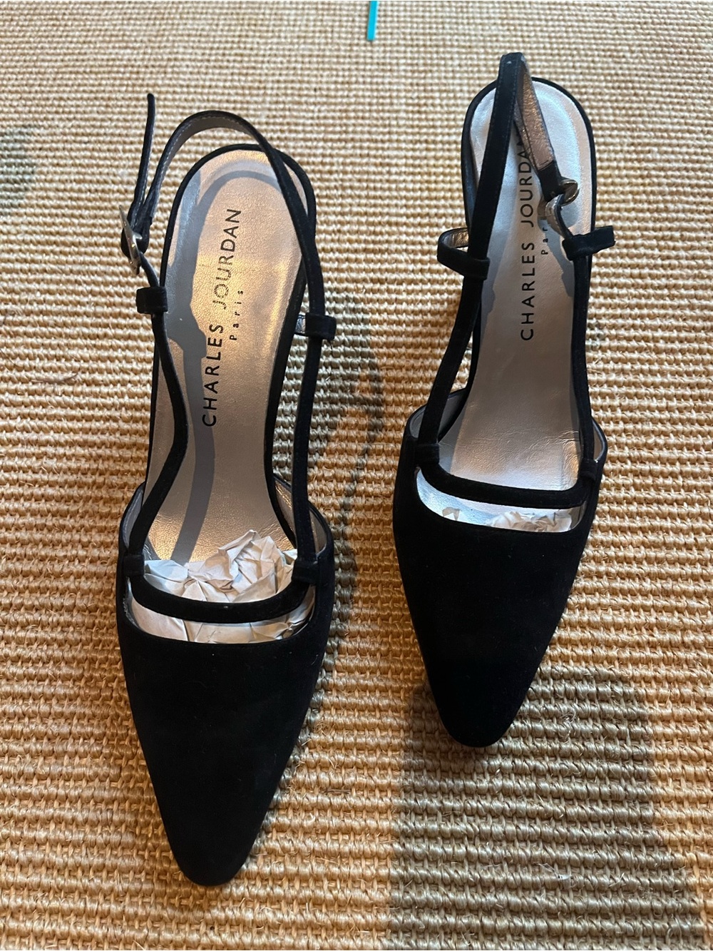 Charles Jourdan Black Suede Pointed Slingback Heels